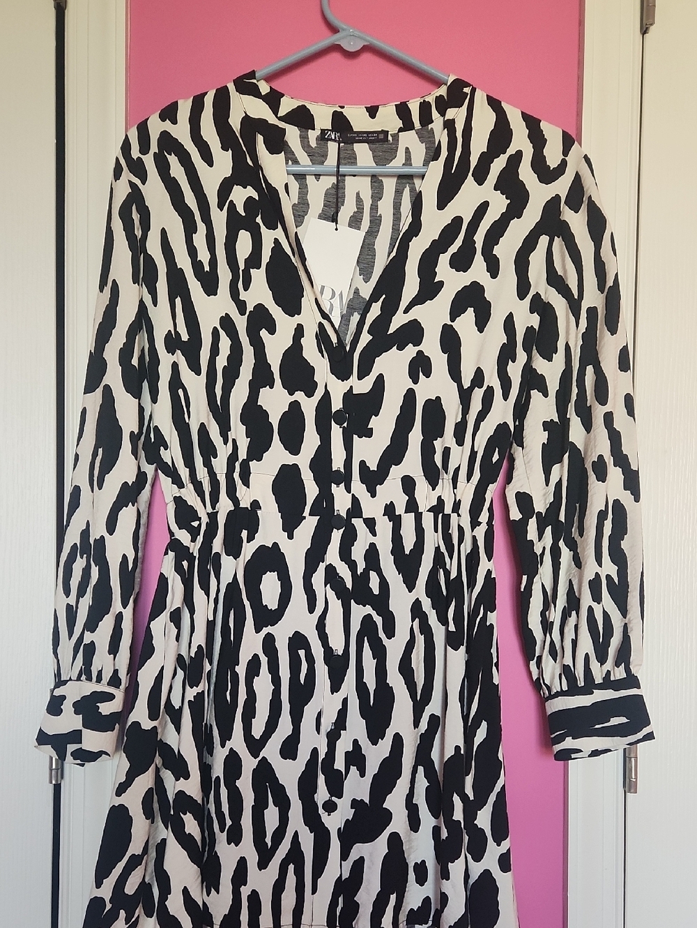 Zara Black & White Animal-Print Button Front Dress